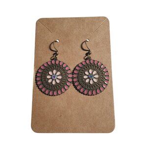 Brass Round Drop Earrings Pink Floral Boho Chic Lightweight Handmade Costume Gif